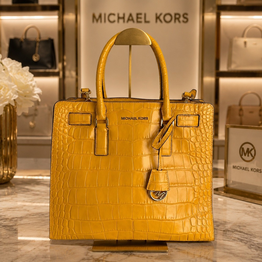 Michael Kors Dillon Satchel Yellow Croc Embossed Leather Tote Bag
